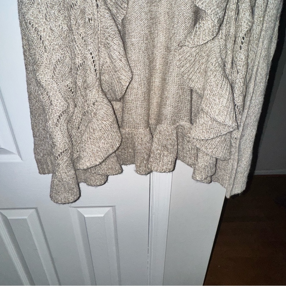 Covington Women's XL Open Front Ruffle Cardigan Oatmeal Beige Metallic Knit - Picture 7 of 15